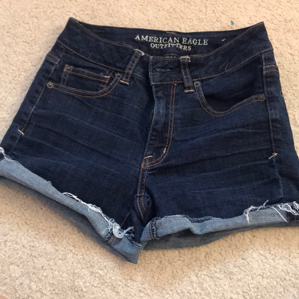 Dark wash denim jean shorts.